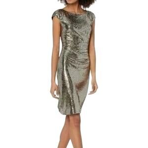 Anne Klein Metallic Gold Ruched Cap Sleep Sheath Dress Size 12 Knee Length NWT